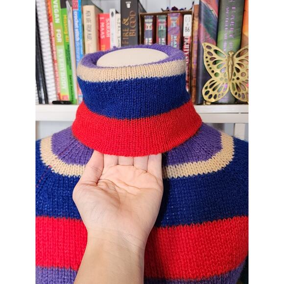Vtg 70s Hukapoo Colorful Rainbow Striped Funky Turtleneck Knit Unisex Sweater M - Picture 4 of 7